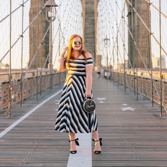 lela rose off the shoulder black and white stripe midi dress - Picture 2 of 13